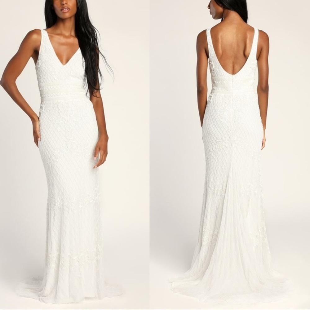 NWOT LULU’S BEADED WEDDING DRESS SIMPLE ROMANCE